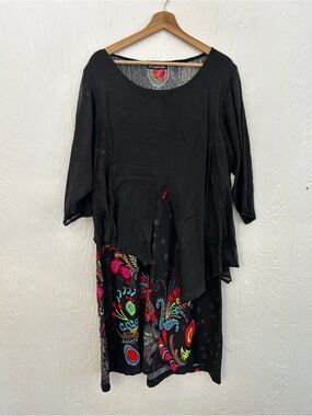 LEOPARDS & ROSES Layered Cotton Oversized Dress Large Lagenlook Boho Lightweight
